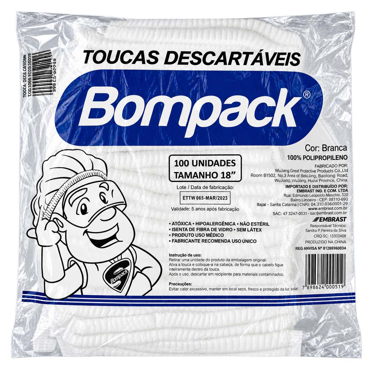 TOUCA TNT BRANCA SANFONADA 18 45x50CM PACOTE 100UN