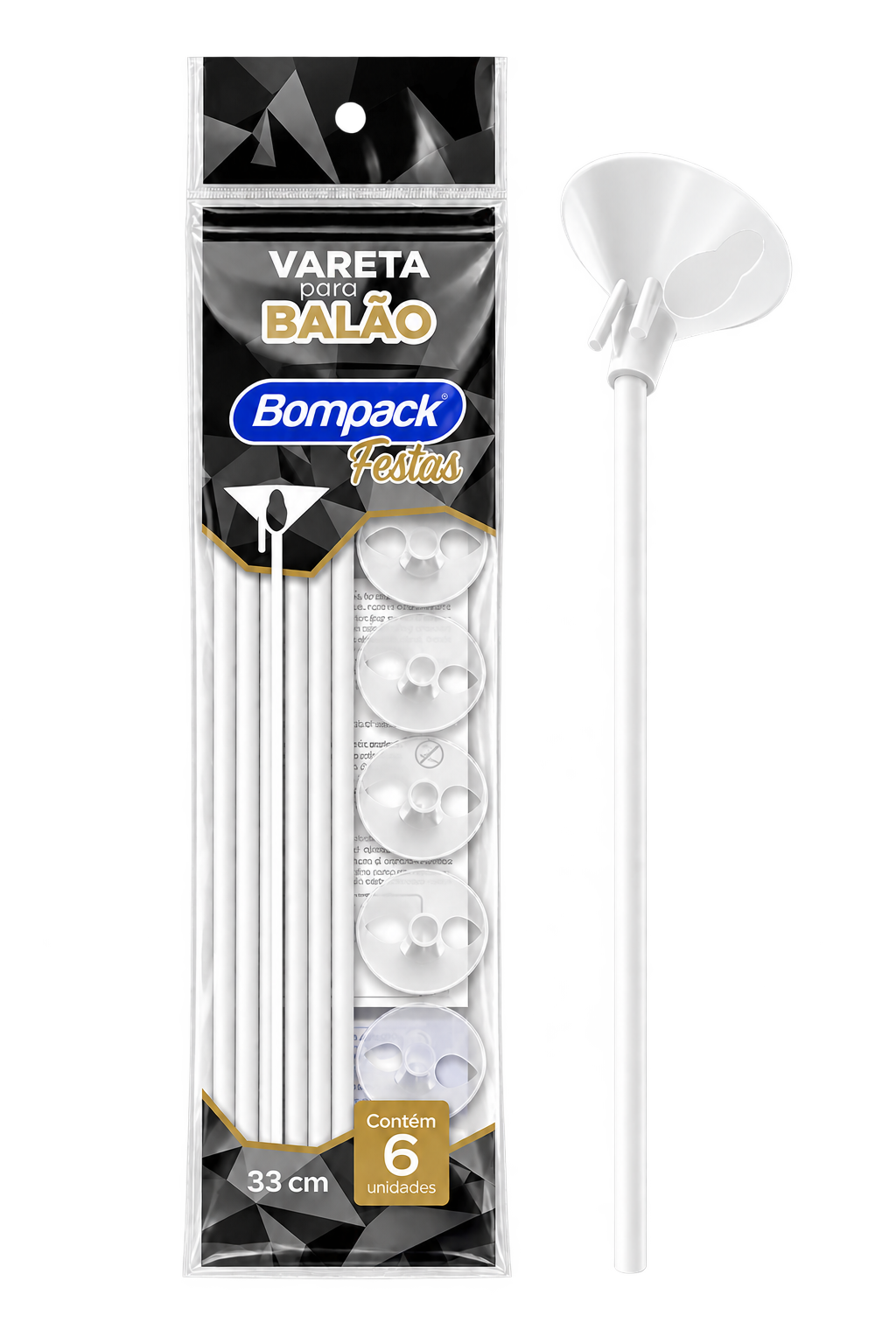 VARETA BRANCA PARA BALAO 33CM COM 6 UND BOMPACK