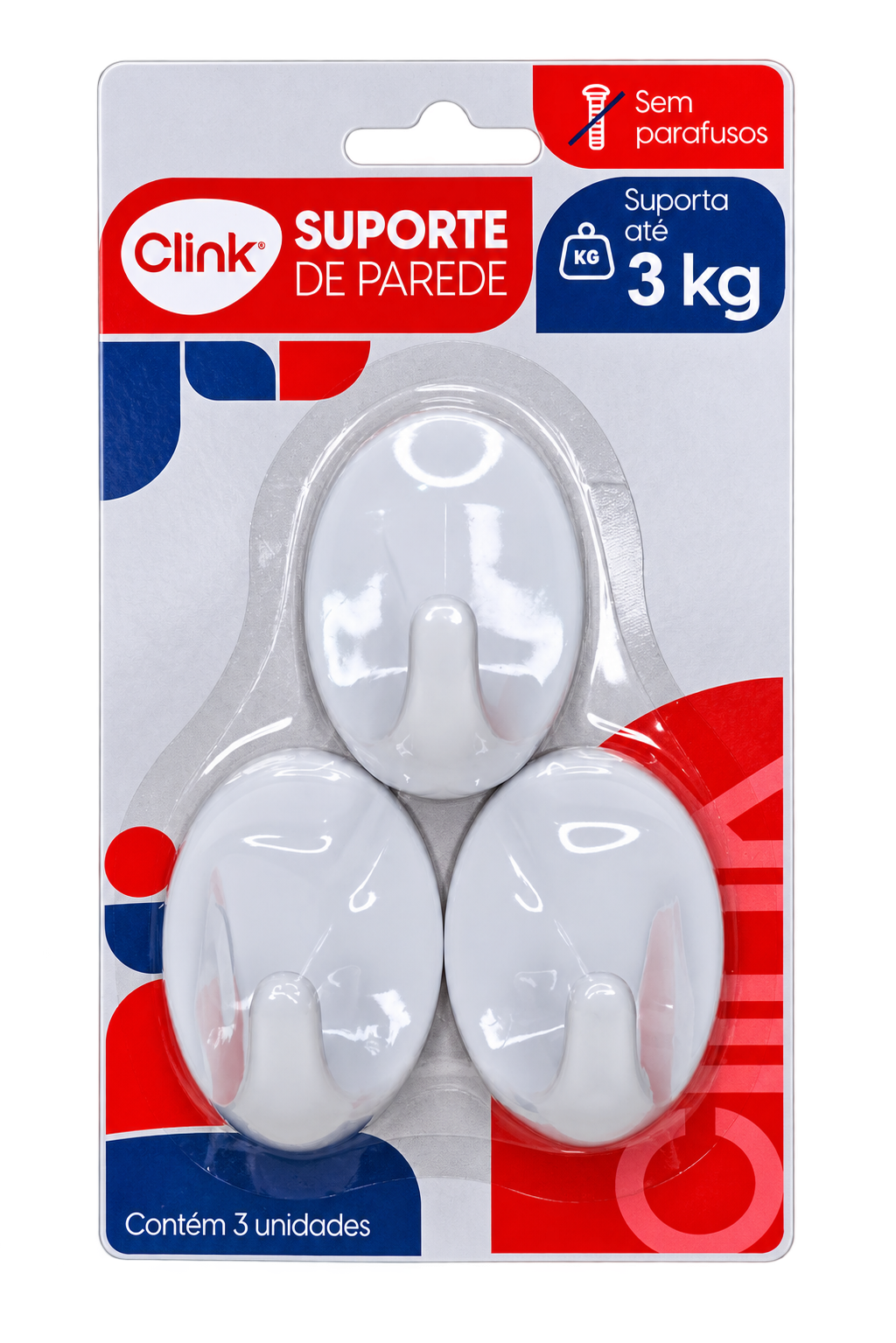 KIT 3 GANCHOS PAREDE ADESIVO PLASTICO REF CK4068 - CLINK