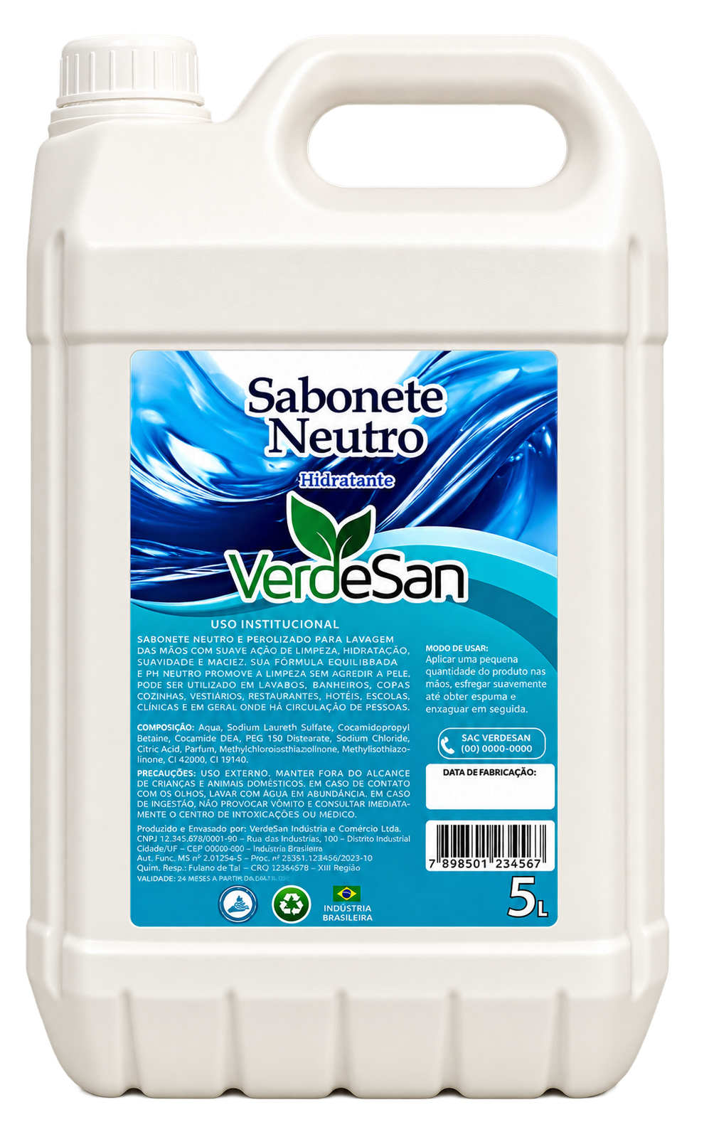 SABONETE LIQUIDO NEUTRO 5 LITROS VERDESAN