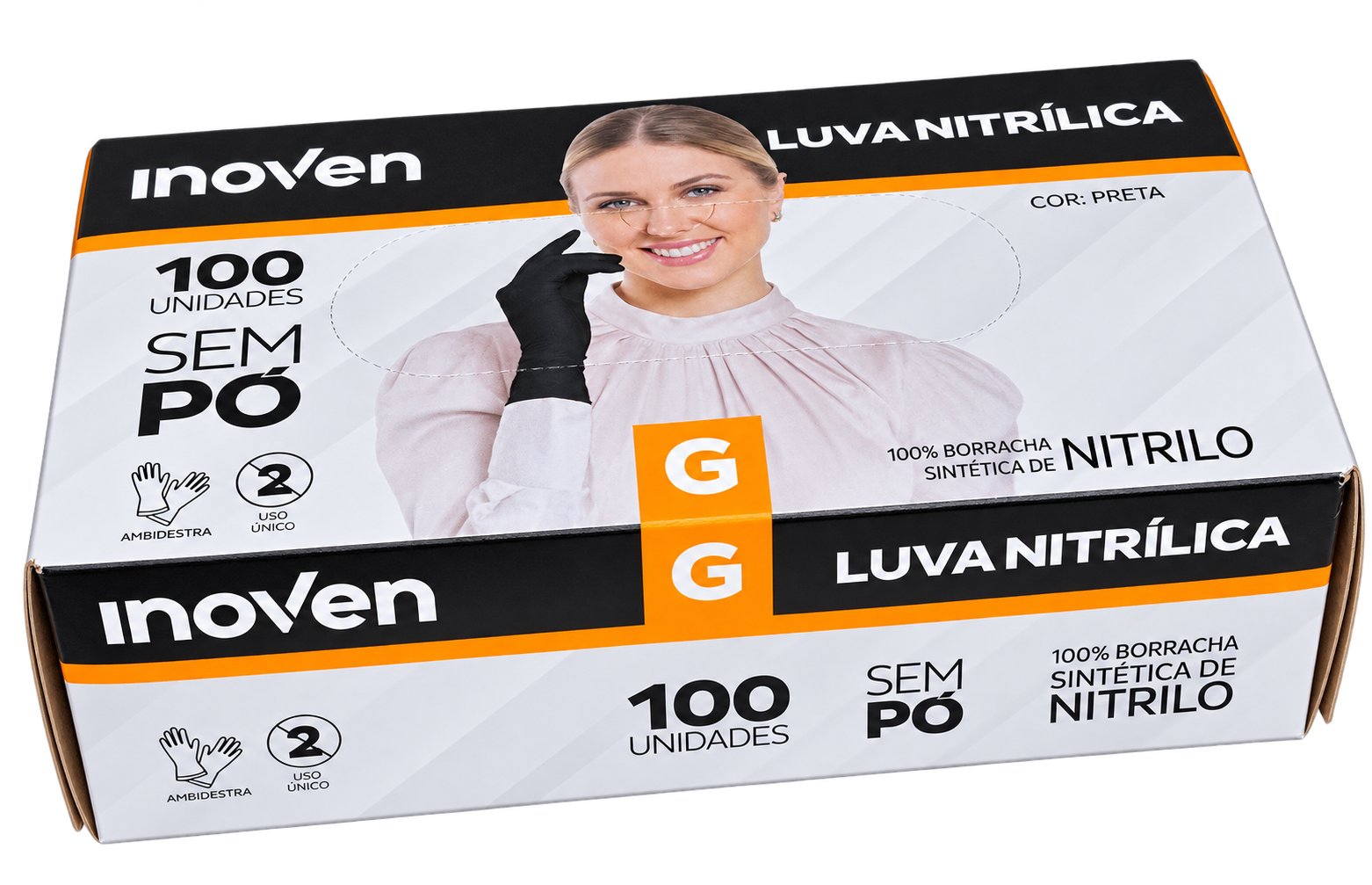 LUVA NITRILICA PRETA SEM PO TAMANHO G - C/ 100 UN - INOVEN