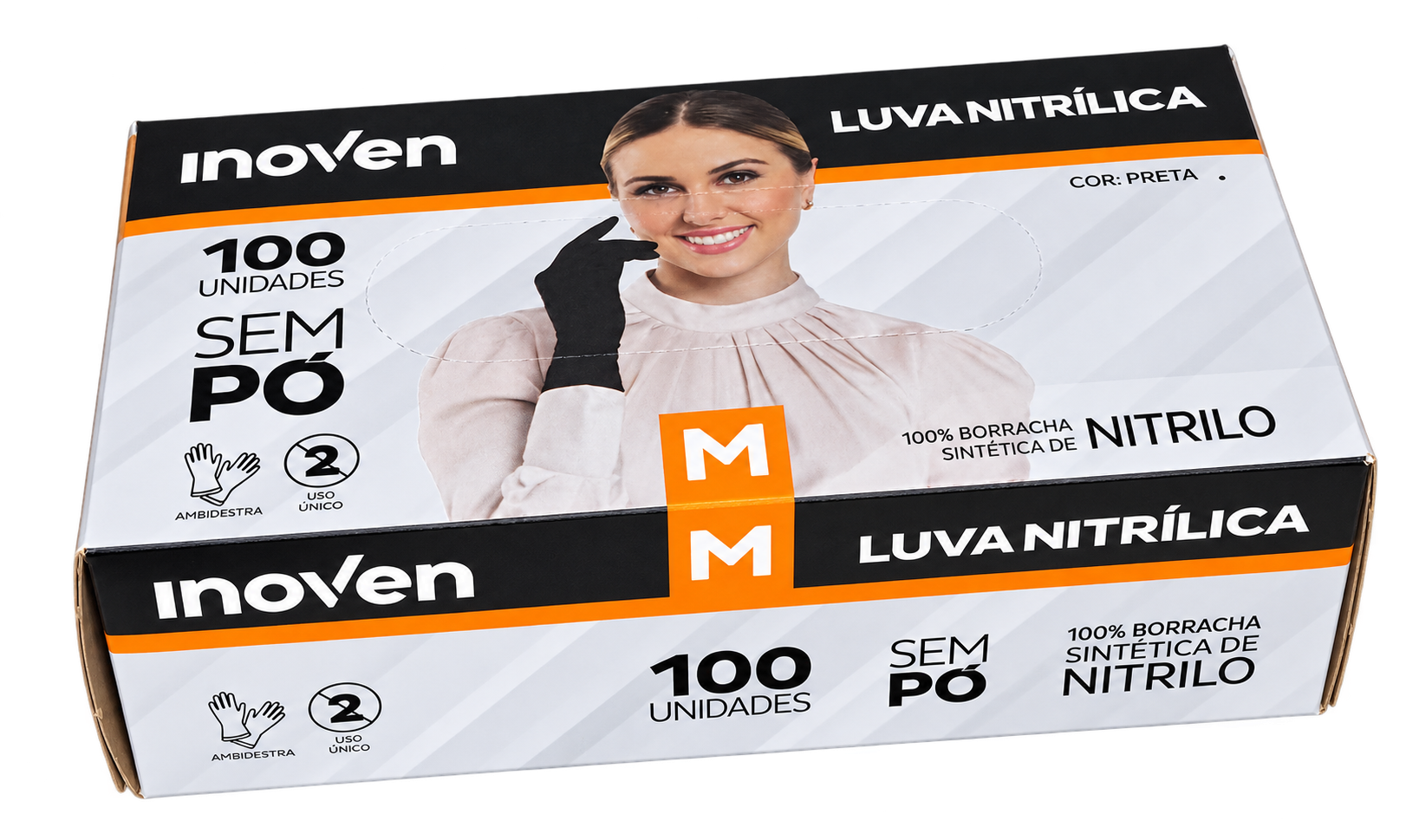 LUVA NITRILICA PRETA SEM PO TAMANHO M - C/ 100 UN - INOVEN