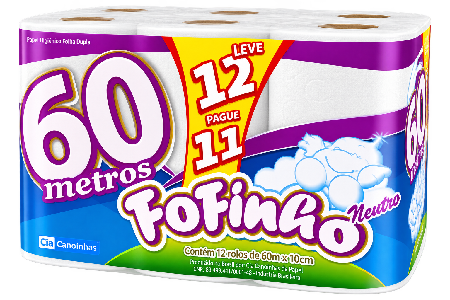 PAPEL HIGIENICO FOLHA SIMPLES NEUTRO PACOTE COM 12 ROLOS 60M FOFINHO