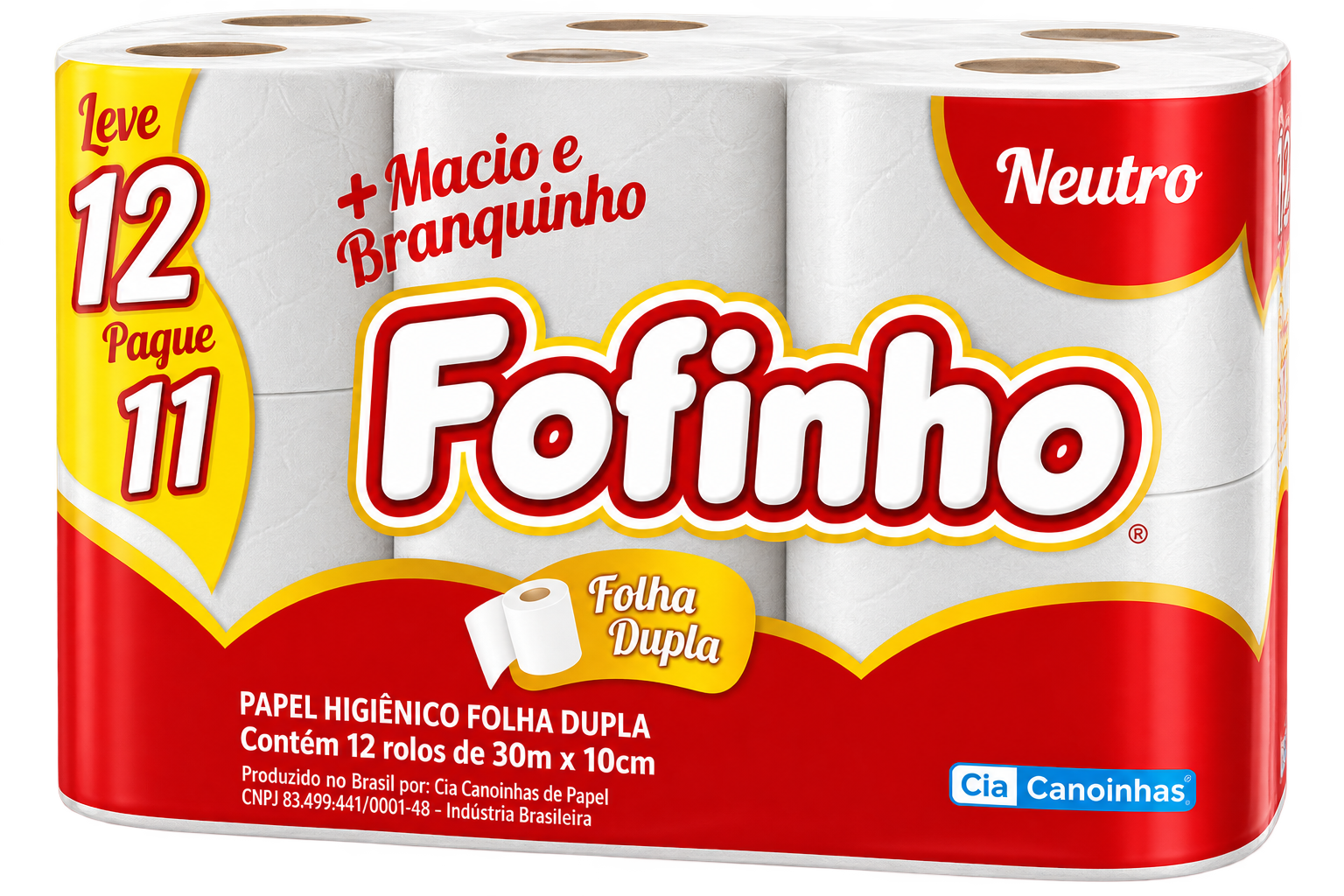 PAPEL HIGIENICO FOLHA DUPLA NEUTRO PACOTE COM 12 ROLOS 30M FOFINHO