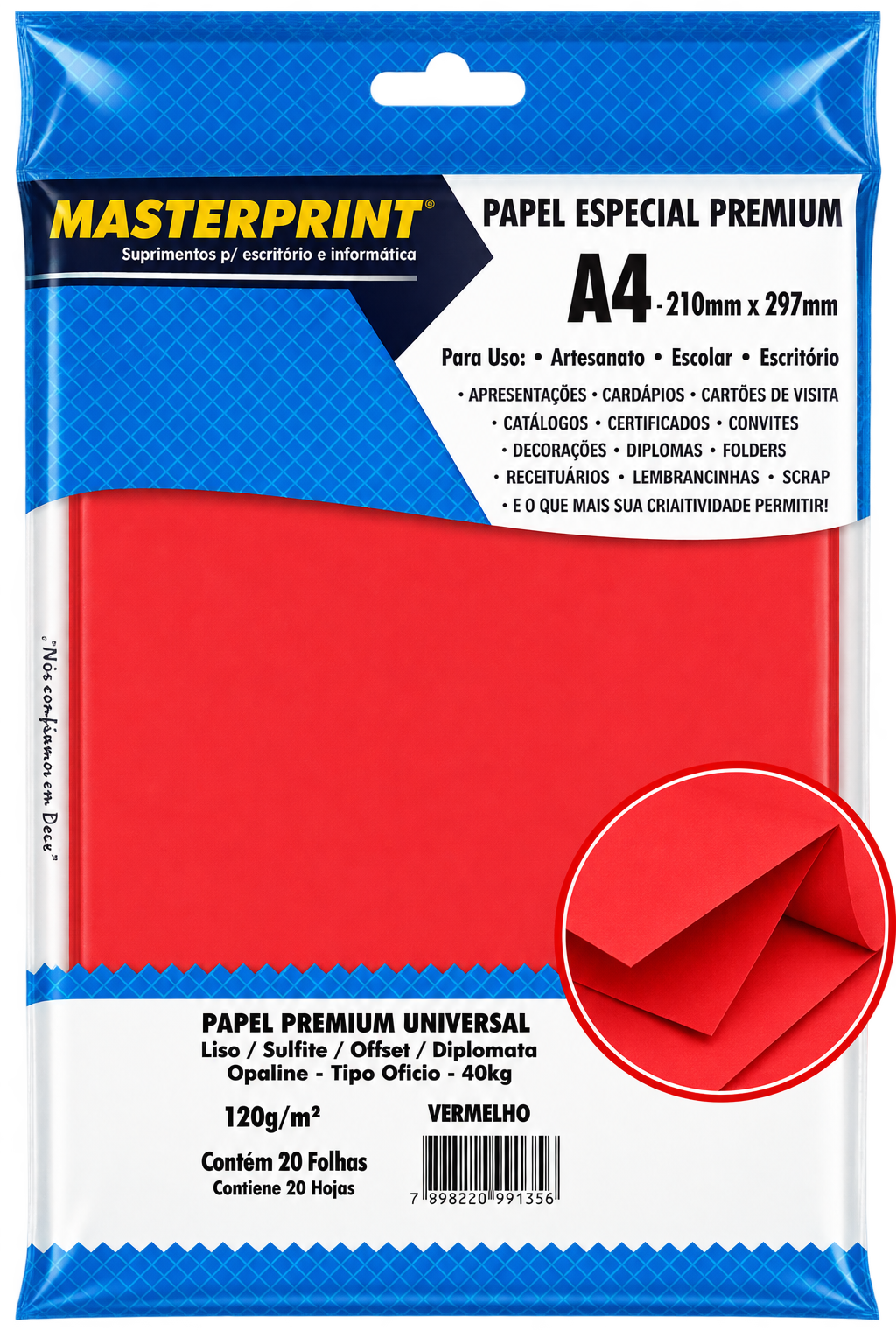 PAPEL A4 DIPLOMATA/LISO/OFFSET 120G/M² COM 20 FLS VERMELHO MASTERPRINT