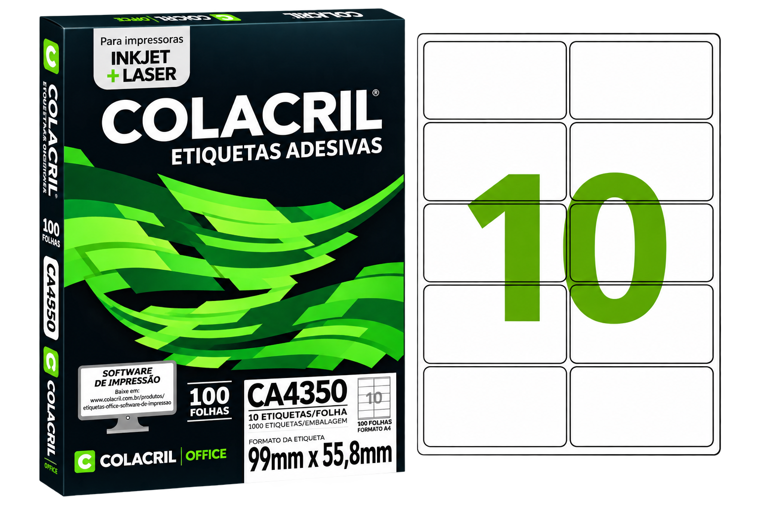 ETIQUETA A4 CA4350 99MMX55,8MM COM 10 PACOTE 100 FLS COLACRIL