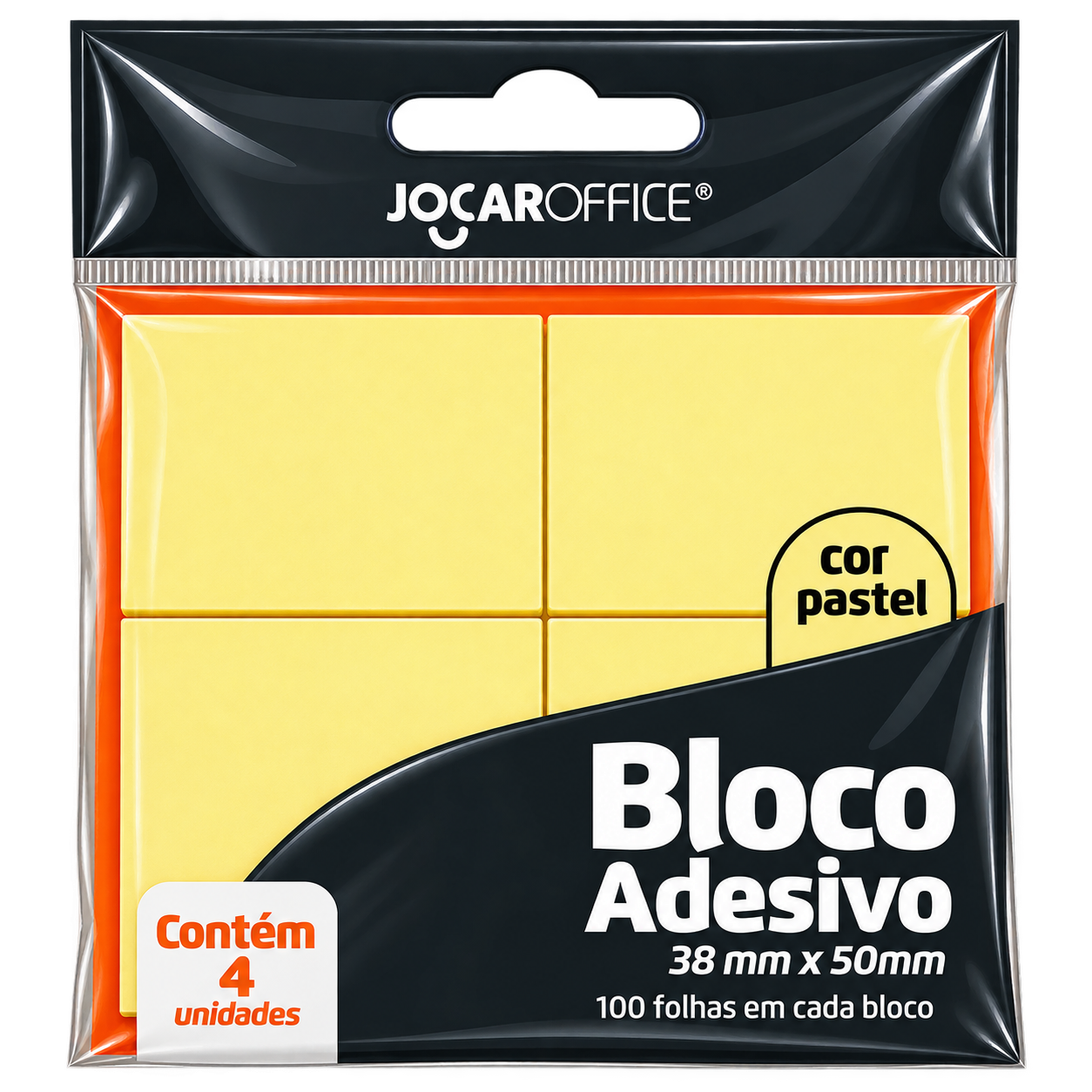 BLOCO ADESIVO 38MMX50MM C/100 FLS AMARELO BL. C/04 JOCAR OFFICE