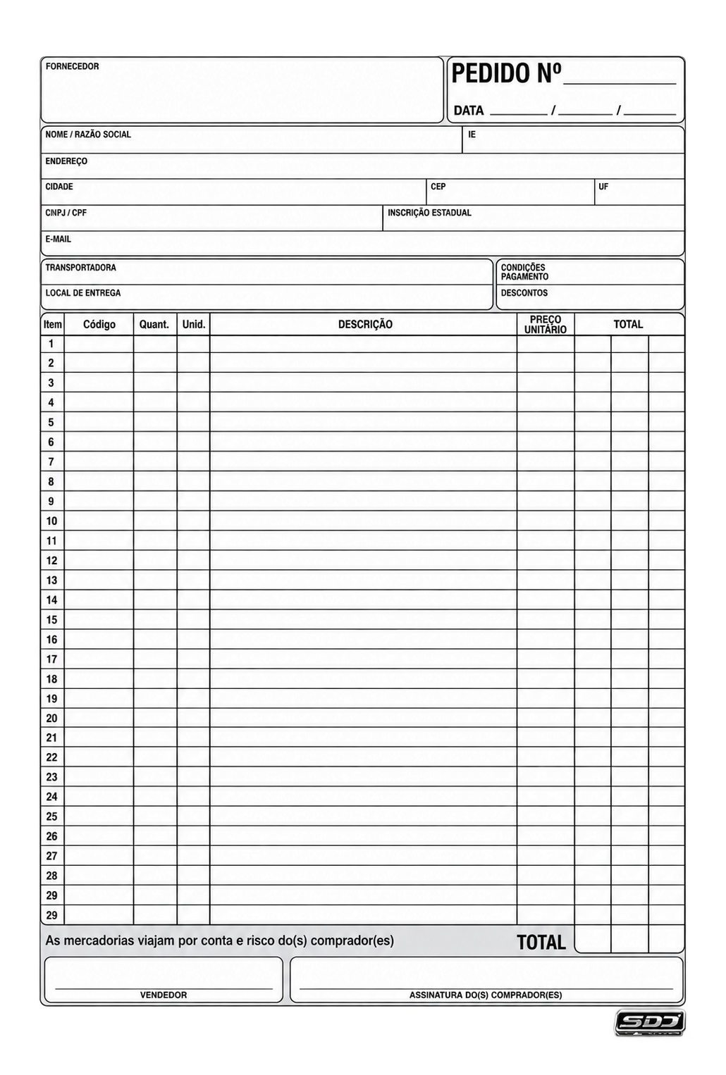 BLOCO DE PEDIDO 1 VIA 1/9 PRETO COM 50 FLS SD