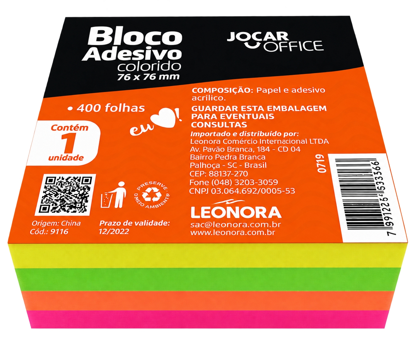 BLOCO ADESIVO 76MMX76MM C/400 FLS COLORIDO JOCAR OFFICE