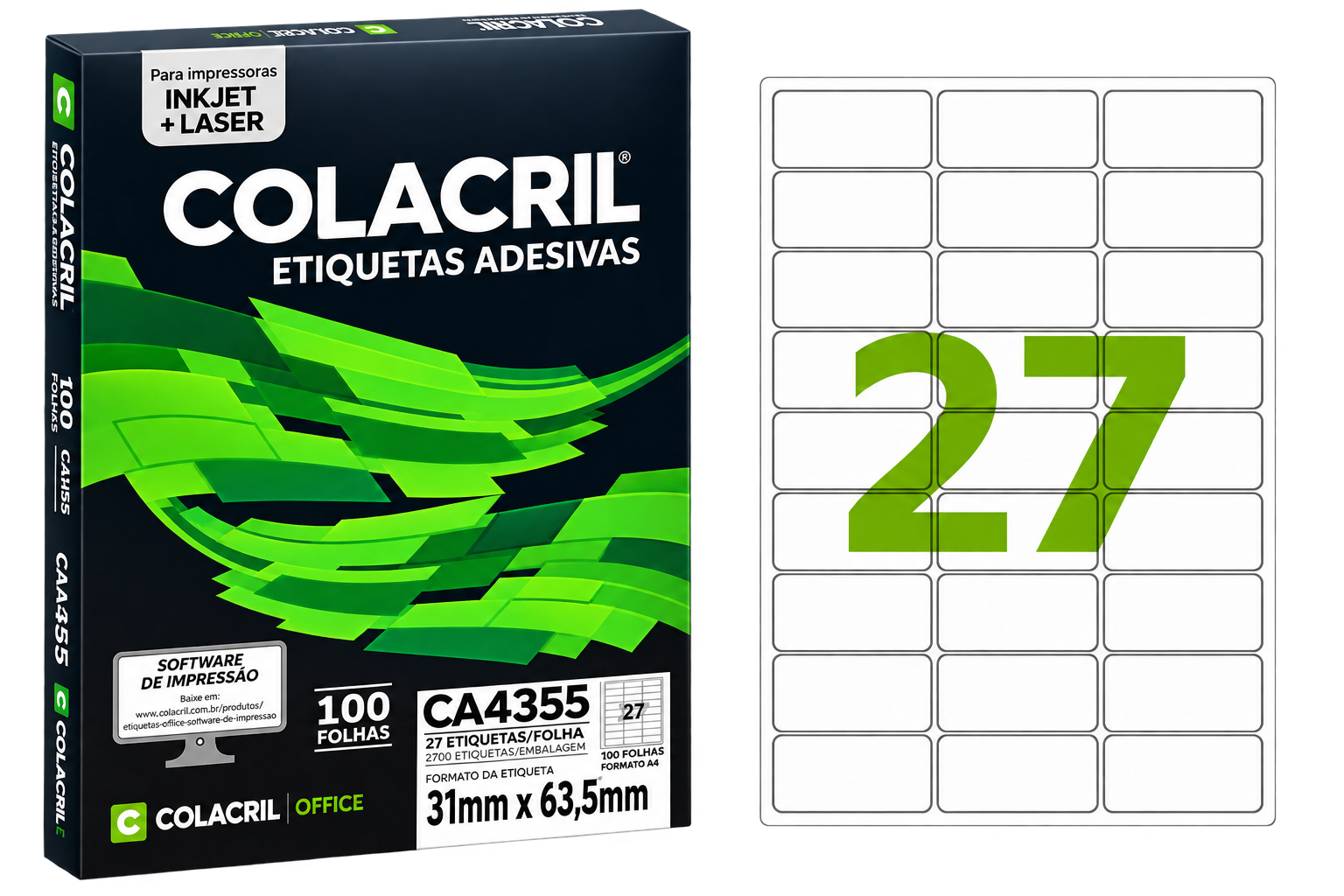 ETIQUETA A4 CA4355 31MMX63,5MM COM 27 PACOTE 100 FLS COLACRIL