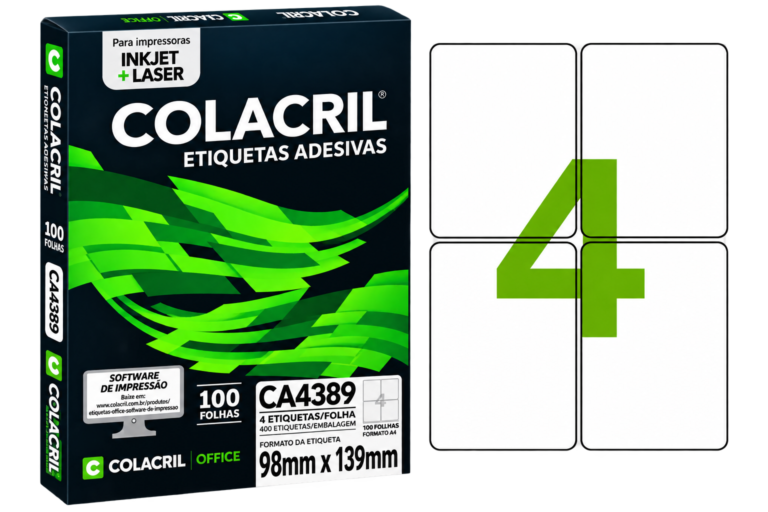 ETIQUETA A4 CA4389 98MMX139MM COM 4 PACOTE 100 FLS COLACRIL