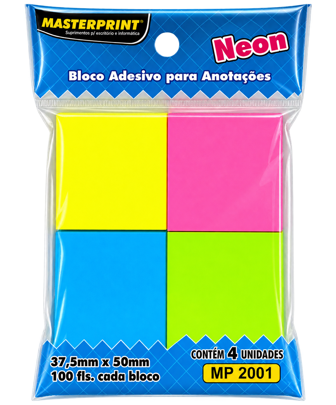 BLOCO ADESIVO 37,50MMX50MM C/100 FLS NEON BL. C/04 MP-2001 MASTERPRINT