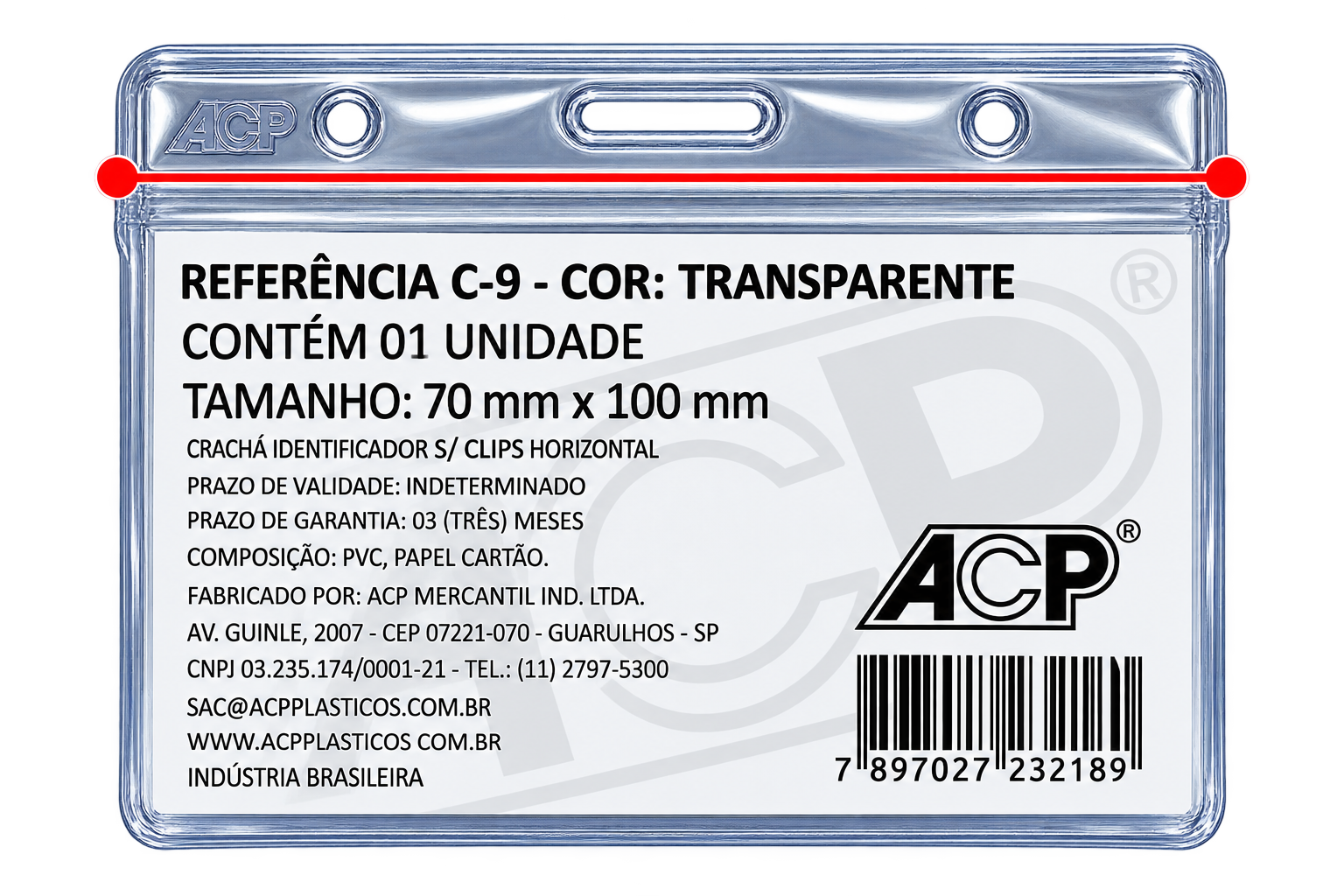 CRACHA SEM CLIPS ABERTURA SUPERIOR 70MMX100MM ACP