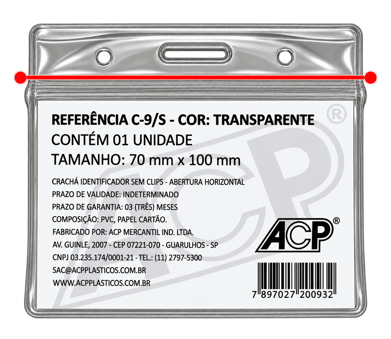 CRACHA SEM CLIPS ABERTURA SUPERIOR 70MMX100MM ACP