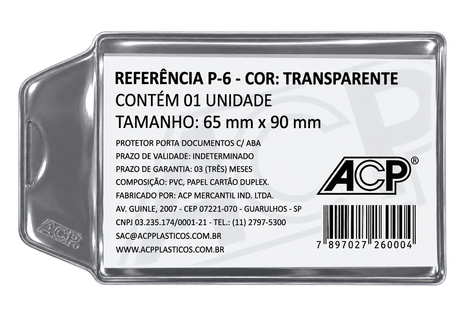 PROTETOR PARA DOCUMENTOS COM ABA 65MMX90MM REF P-6 ACP