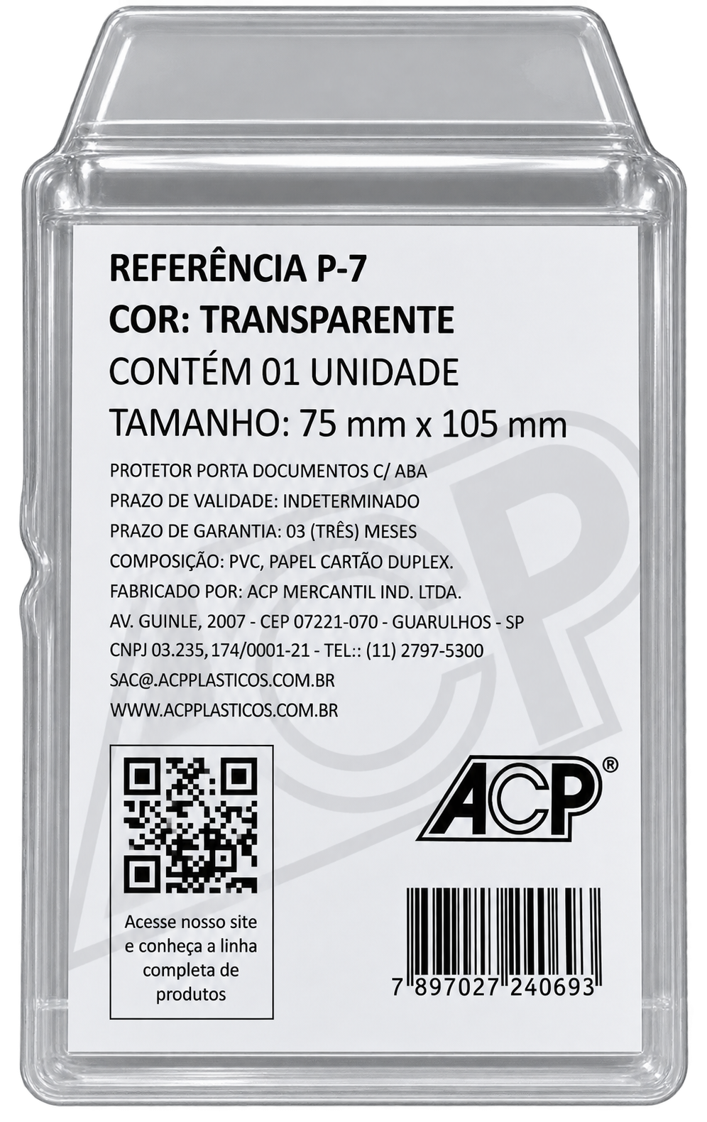 PROTETOR PARA DOCUMENTOS COM ABA 75MMX105MM REF P-7 ACP