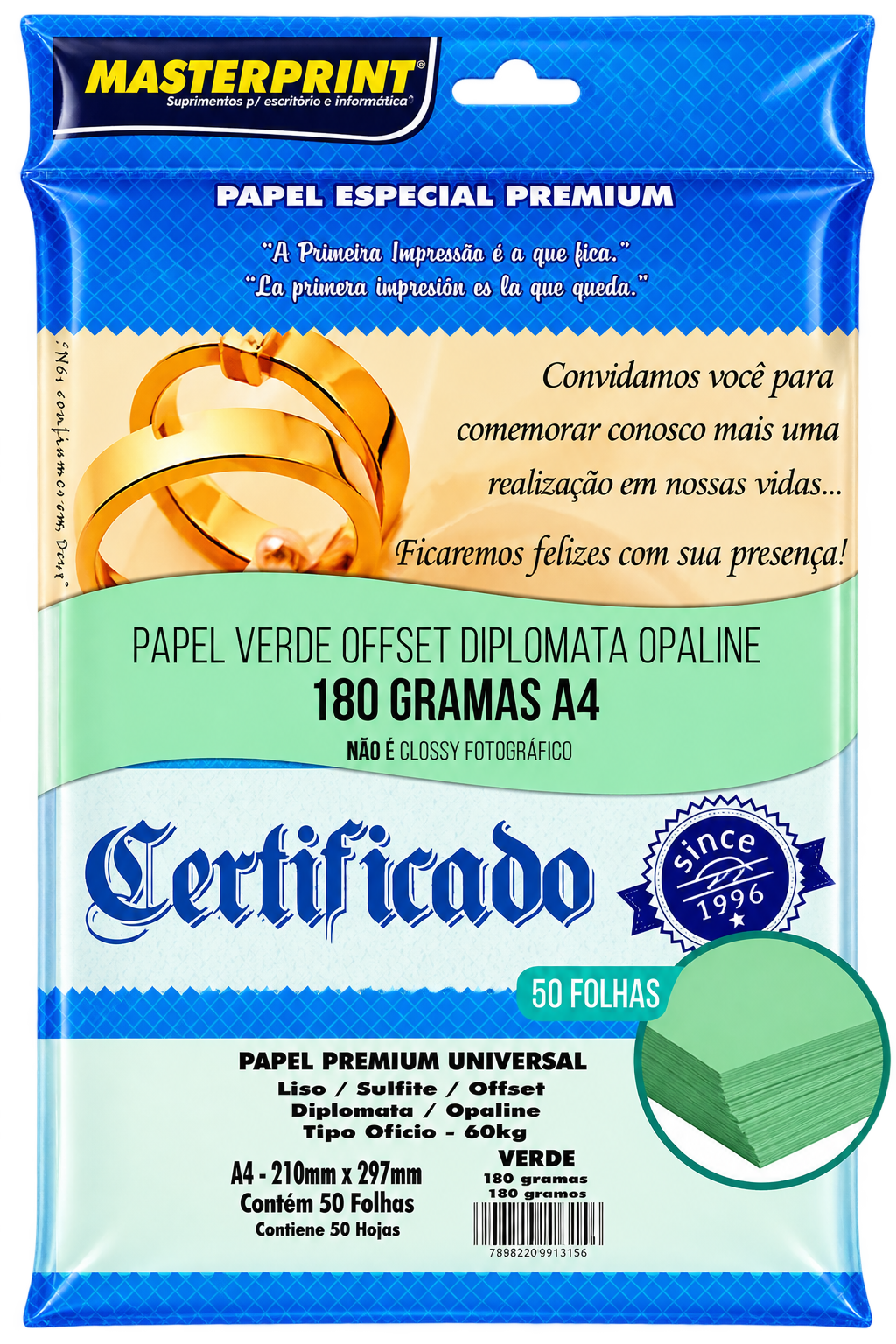 PAPEL A4 DIPLOMATA/LISO/OFFSET 180G/M² COM 50 FLS VERDE MASTERPRINT