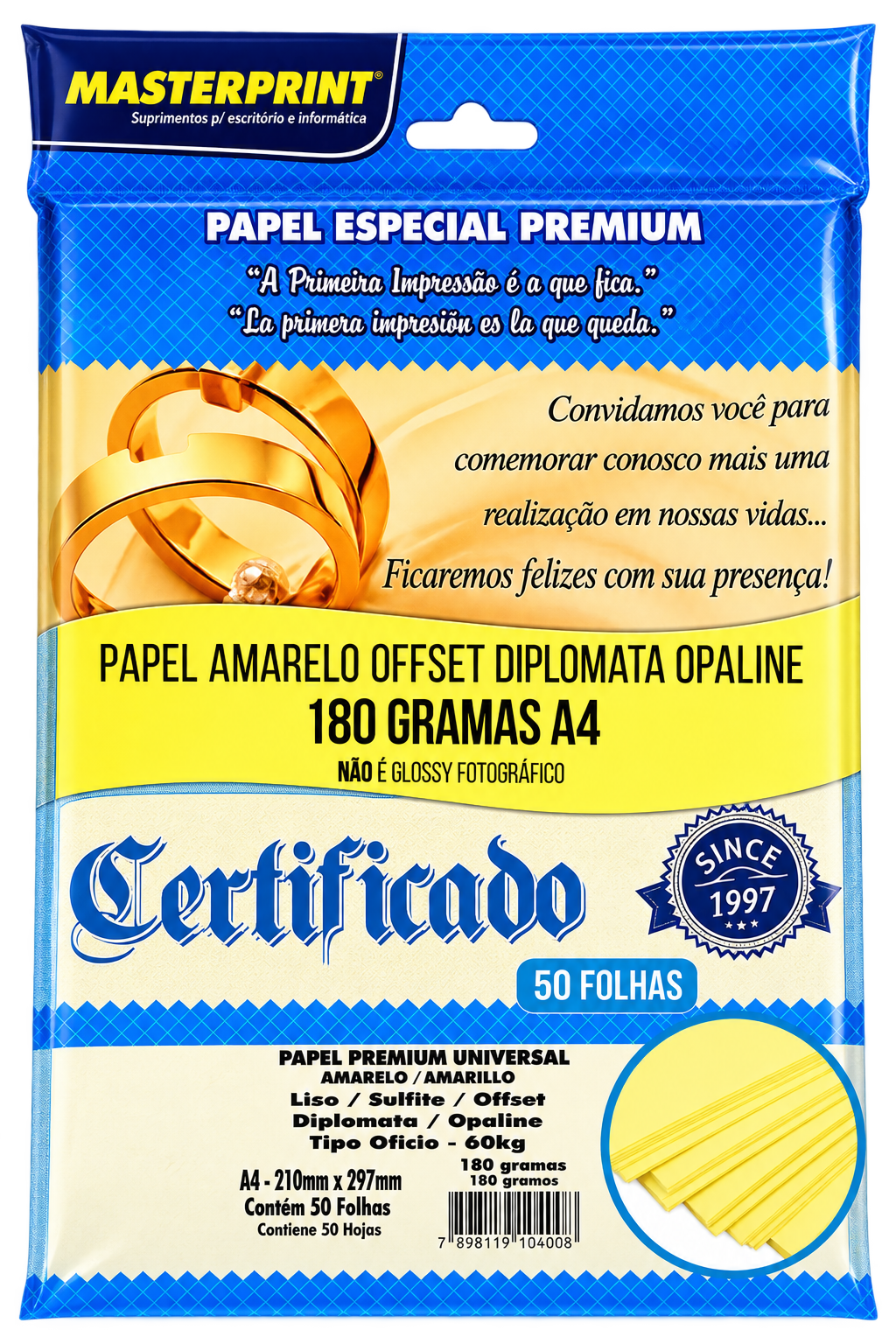 PAPEL A4 DIPLOMATA/LISO/OFFSET 180G/M² COM 50 FLS AMARELO MASTERPRINT