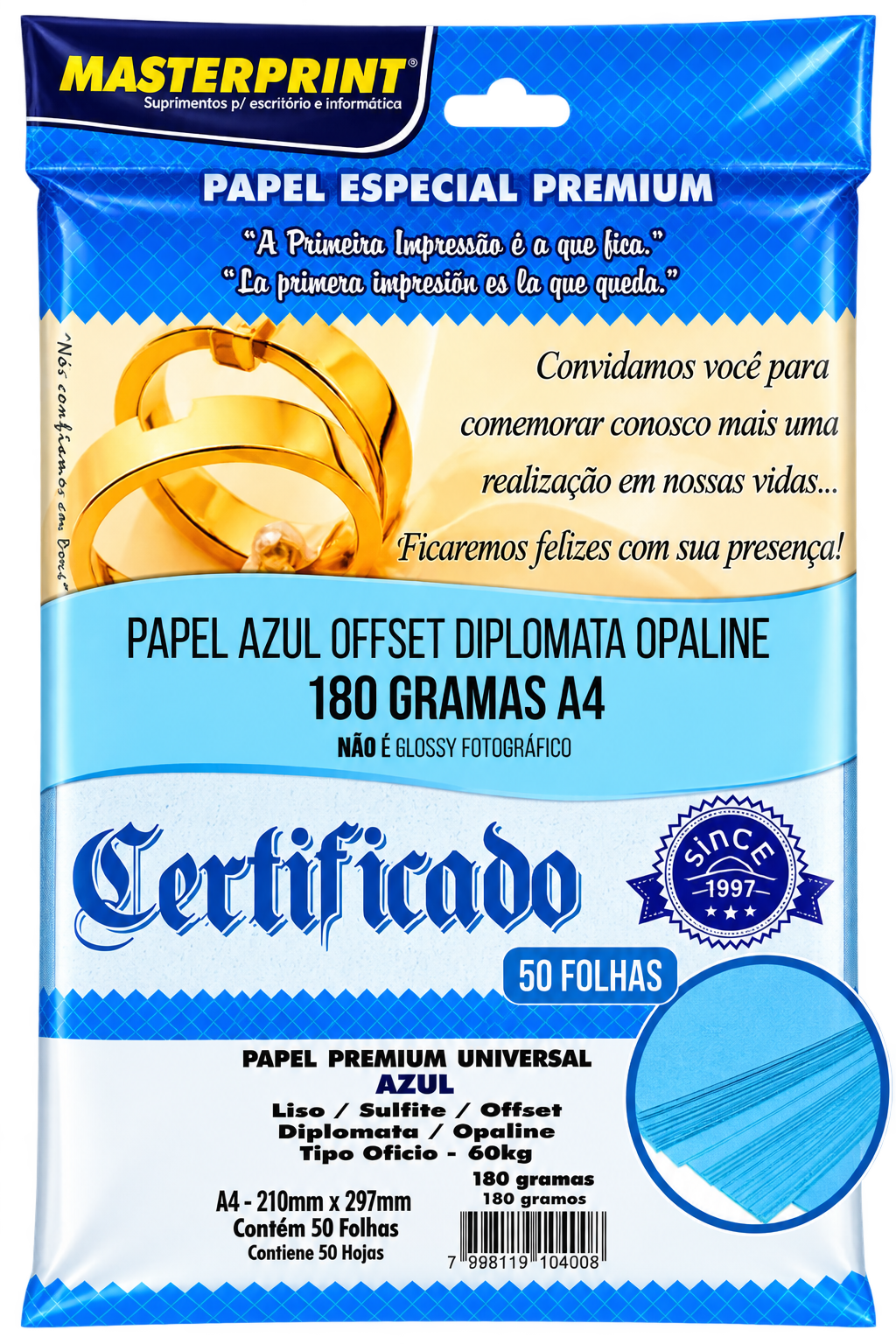 PAPEL A4 DIPLOMATA/LISO/OFFSET 180G/M² COM 50 FLS AZUL MASTERPRINT