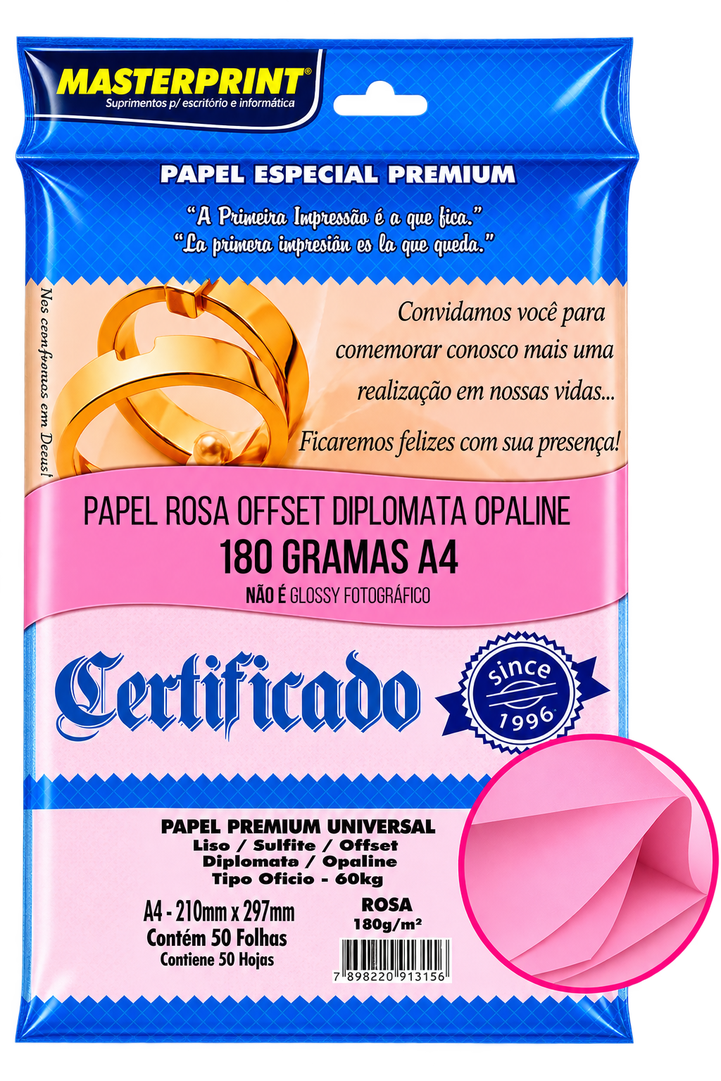 PAPEL A4 DIPLOMATA/LISO/OFFSET 180G/M² COM 50 FLS ROSA MASTERPRINT