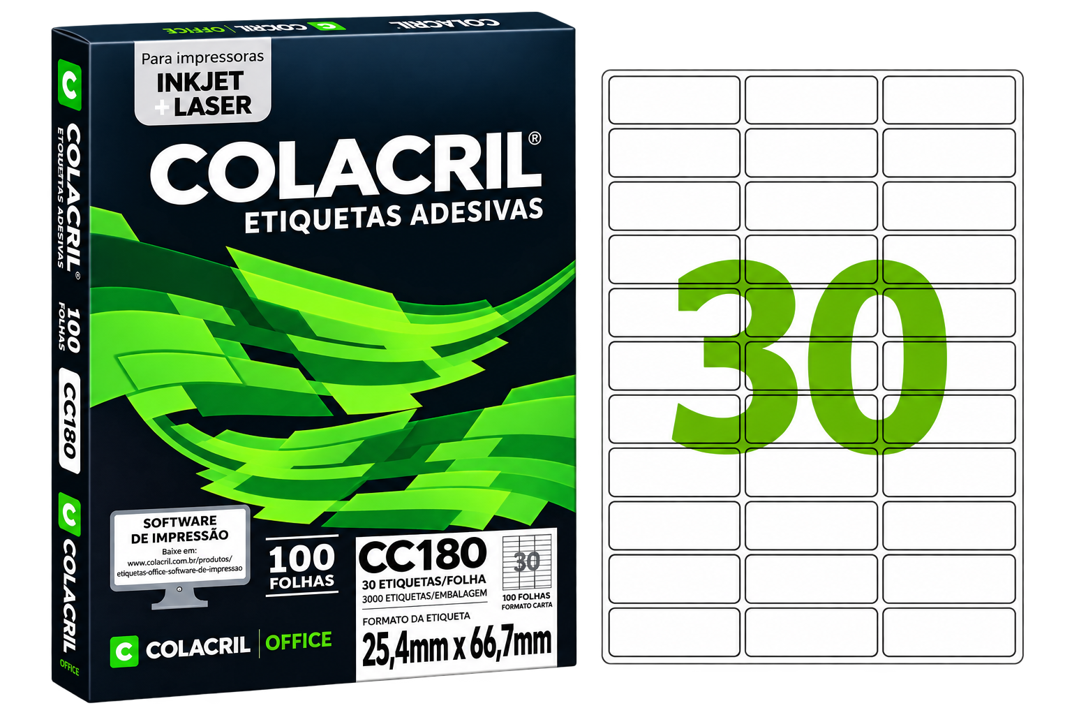 ETIQUETA A4 CC180 25,4MMX66,7MM COM 30 PACOTE 100 FLS COLACRIL