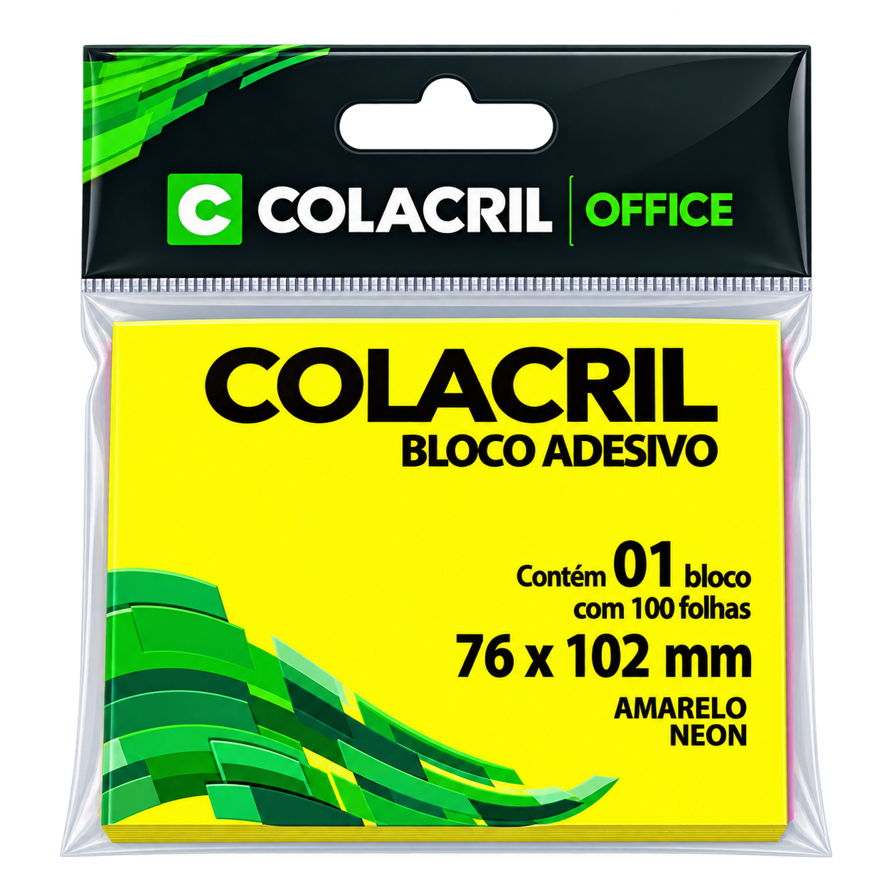 BLOCO ADESIVO 76MMX102MM C/100 FLS AMARELO NEON COLACRIL