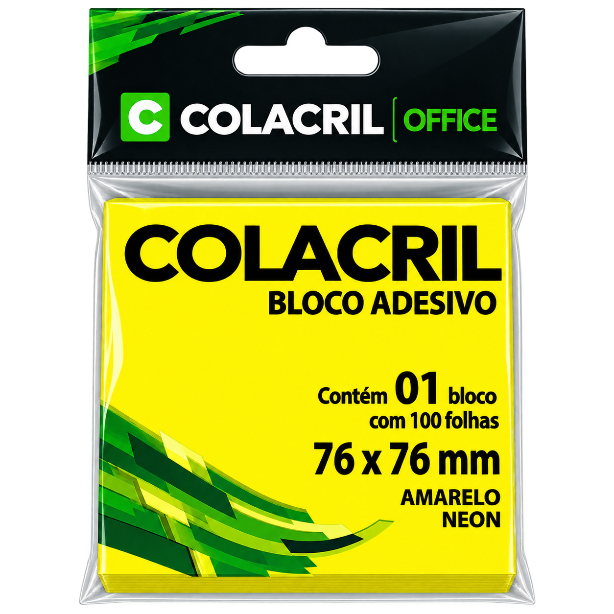 BLOCO ADESIVO 76MMx76MM C/100 FLS AMARELO NEON COLACRIL