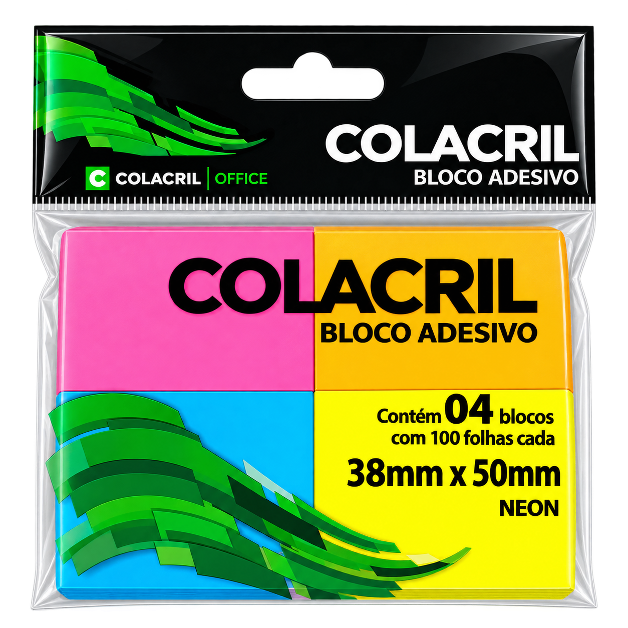 BLOCO ADESIVO 38MMX50MM C/100 FLS NEON BL. C/04 COLACRIL