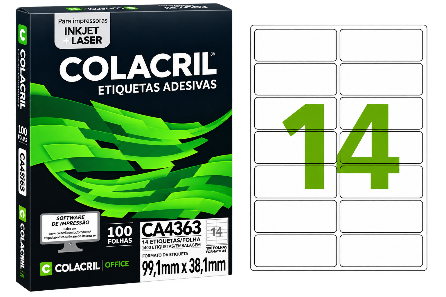 ETIQUETA A4 CA4363 99,1MMX38,1MM COM 14 UNIDADE COLACRIL