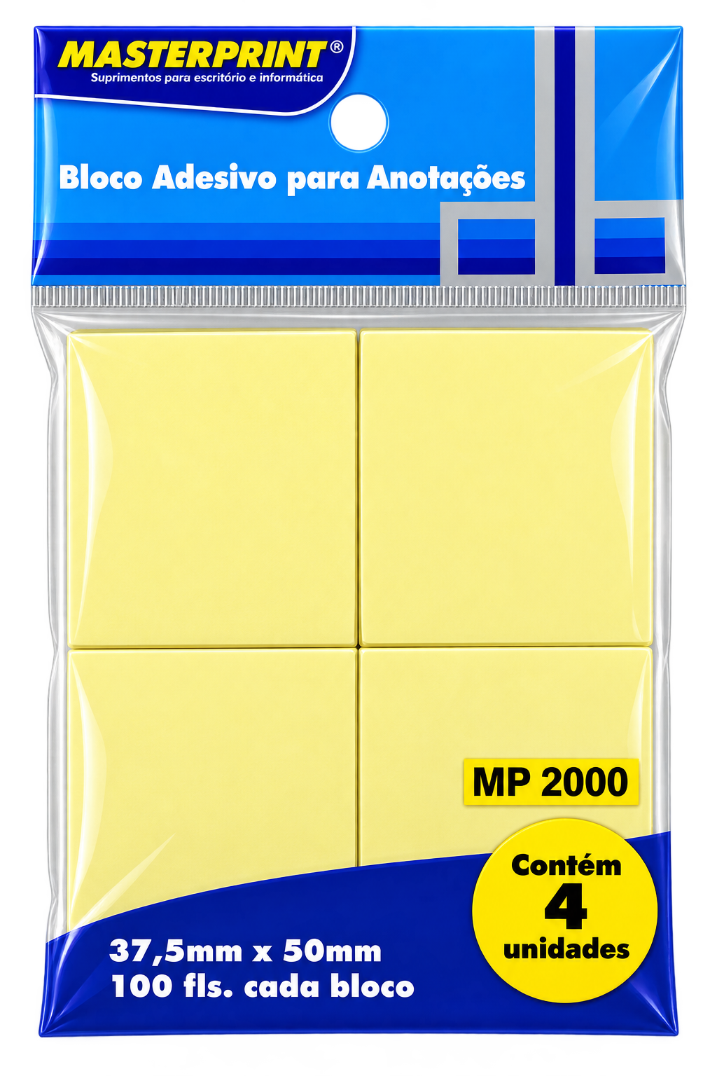BLOCO ADESIVO 37,50MMX50MM C/100 FLS AMARELO BL. C/04 MP-2000 MASTERPRINT