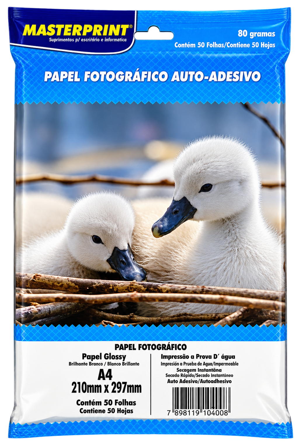 PAPEL FOTO GLOSSY AUTO ADESIVO 80G/M² A4 COM 50 FLS MASTERPRINT
