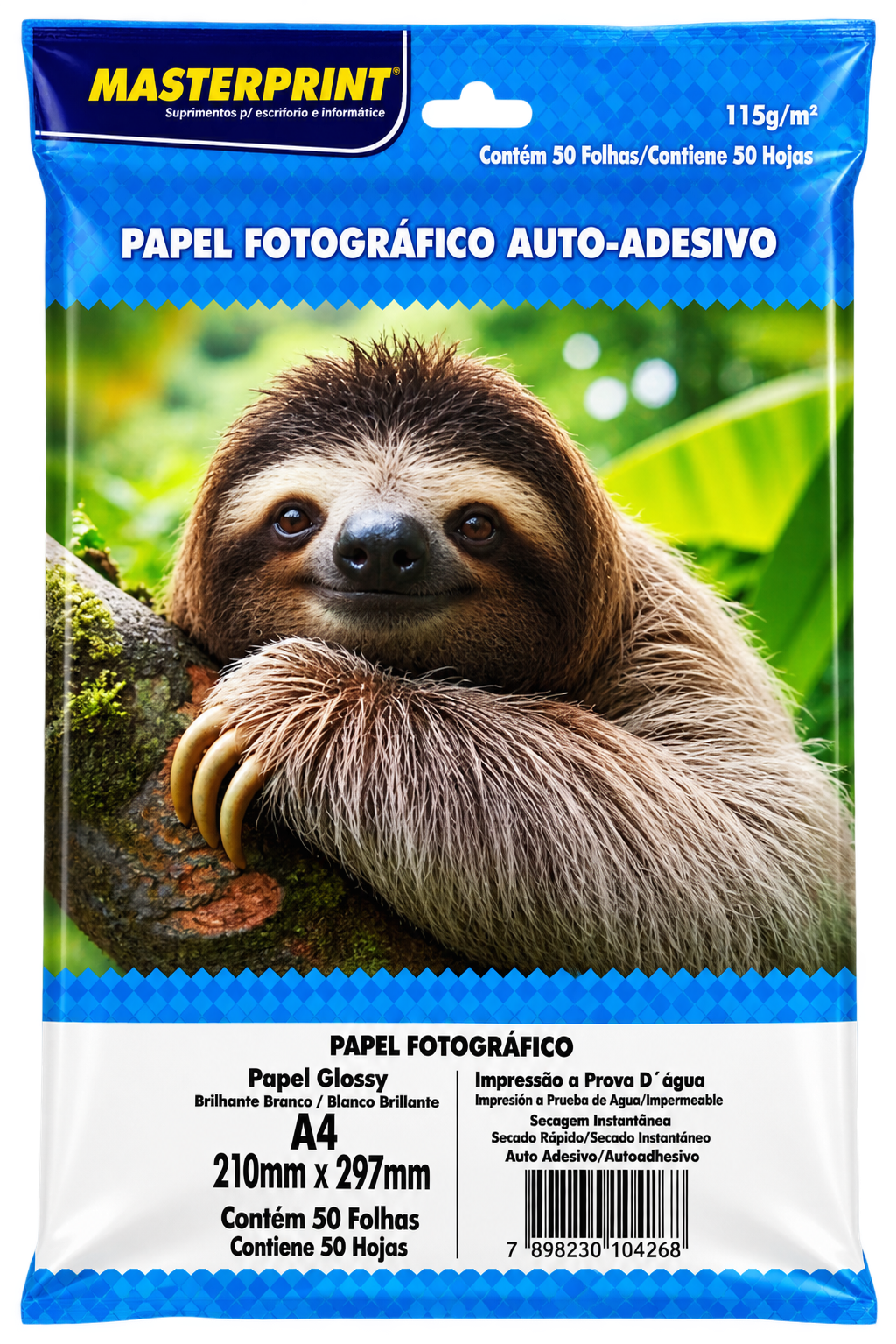 PAPEL FOTO GLOSSY AUTO ADESIVO 115G/M² A4 COM 50 FLS MASTERPRINT