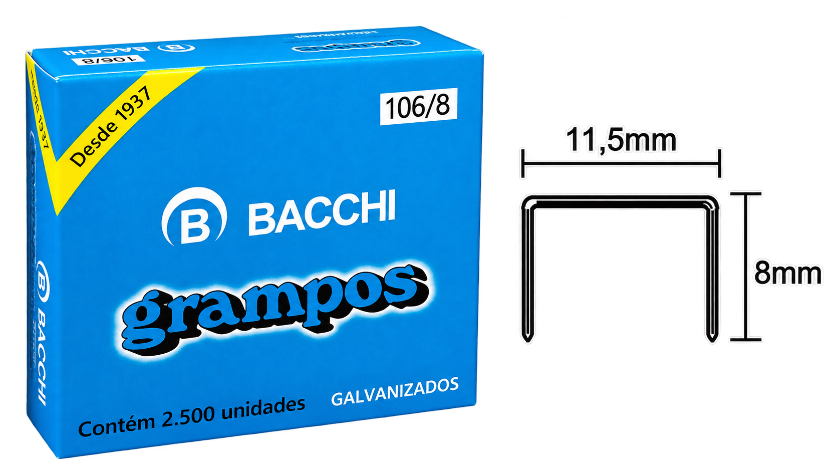 GRAMPO GRAMPEADOR GALVANIZADO 106/8 CAIXA COM 2.500 UN BACCHI